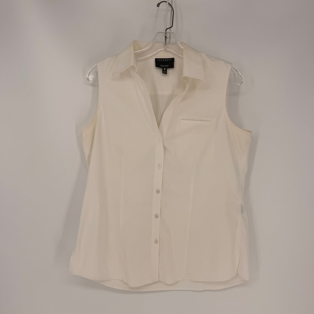 Foxcroft Sleeveless Button Down Women 10 Cream Non-Iron Fitted Cotton Office